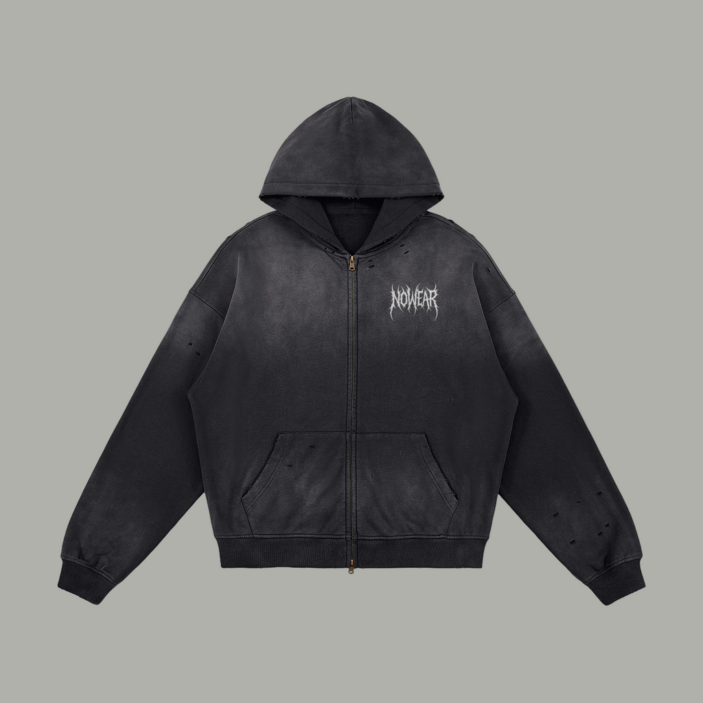 NOWEAR Distressed Embroidery Zip-Up